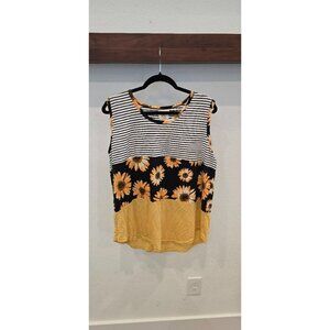 Grace & Emma Womens 2XL Striped & Floral Sleeveless Top Black/White/Yellow
